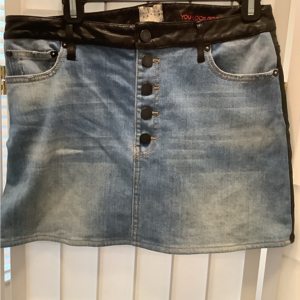 Alice + Olivia denim/ faux leather mini skirt